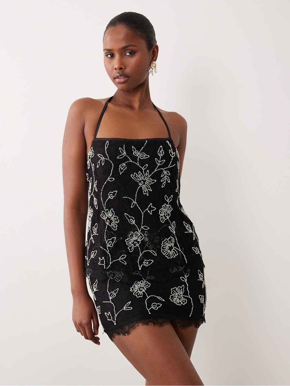 ASOS Black Floral Beaded Halter Mini Dress